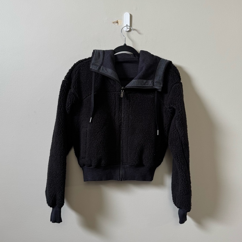 Black Sherpa Zip-Up Jacket with Hood